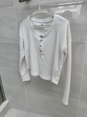 Hollister White Waffle-Knit Henley Long Sleeve Top